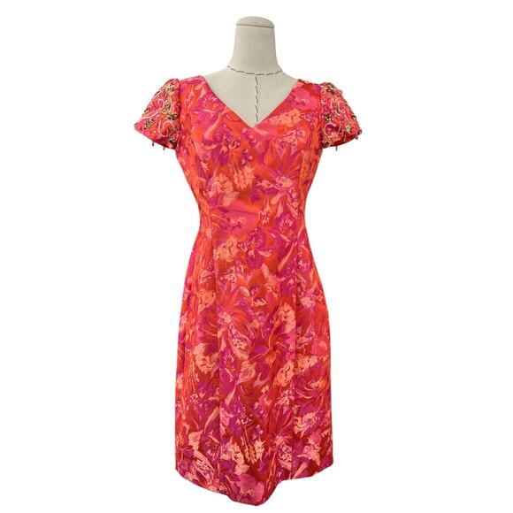 Rickie Freeman Teri Jon Orange Short Sleeve Floral Beaded V-Neck Dress Size 8‎ - Picture 1 of 10